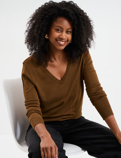 Pull col en V manches longues taupe femme