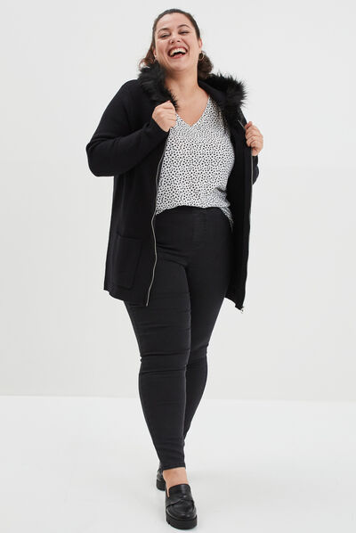 Gilet long capuche et fausse fourrure noir femme grande taille