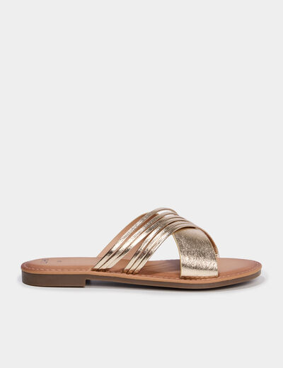 Mules plates avec brides crois&eacute;es jaune or femme