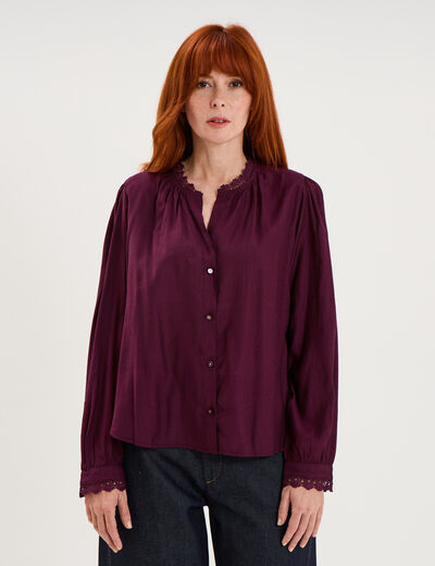 Blouse col montant dentelle violet fonc&eacute; femme
