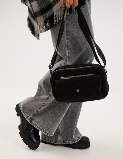 Sac rectangulaire effet velours c&ocirc;tel&eacute; noir femme