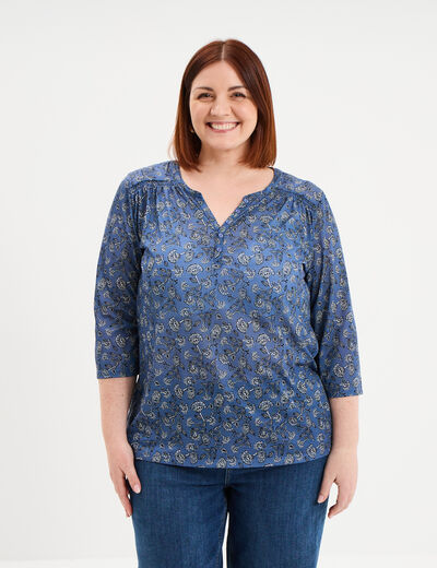 T-shirt col tunisien manches 3/4 bleu gris femme grande taille