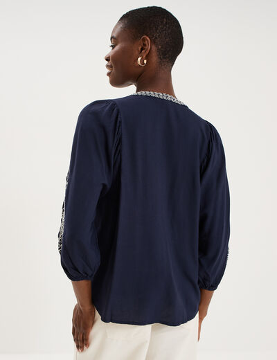 Blouse brod&eacute;e oversize col tunisien bleu fonc&eacute; femme