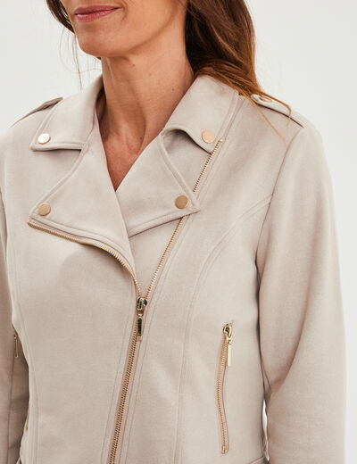 Veste courte esprit biker effet suédine beige femme
