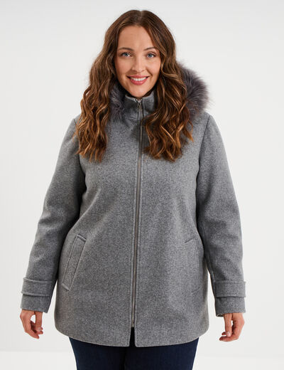 Manteau zipp&eacute; &agrave; capuche fausse fourrure gris femme grande taille