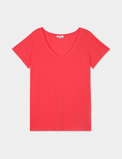 T-shirt col en V manches courtes coton rouge femme grande taille