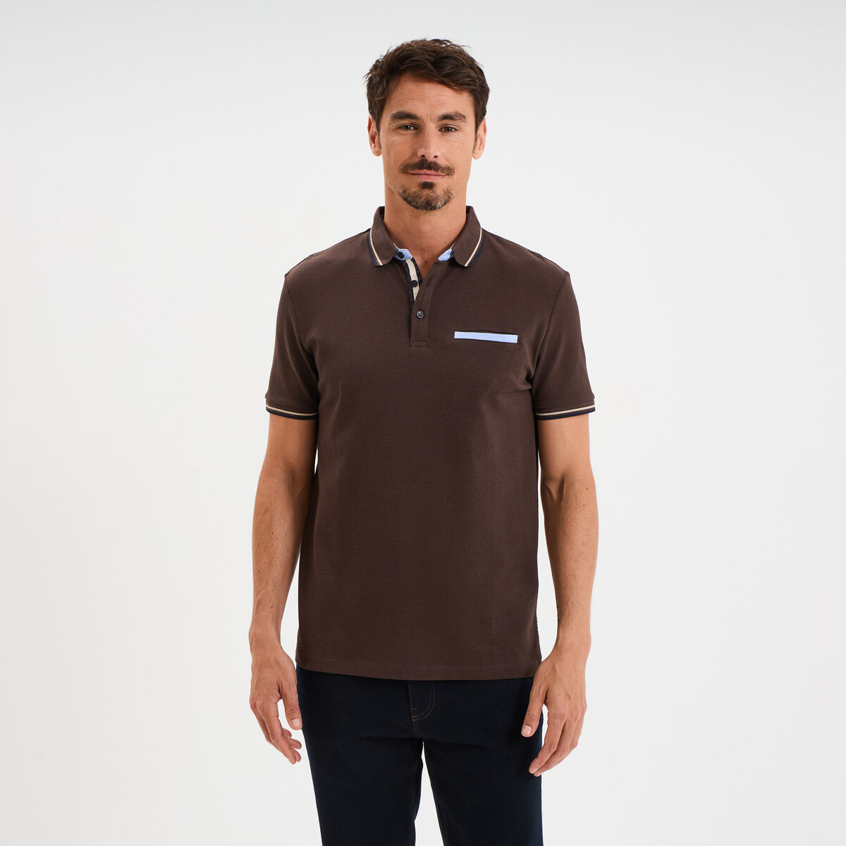 Polo manches courtes 1 poche coton marron foncé homme