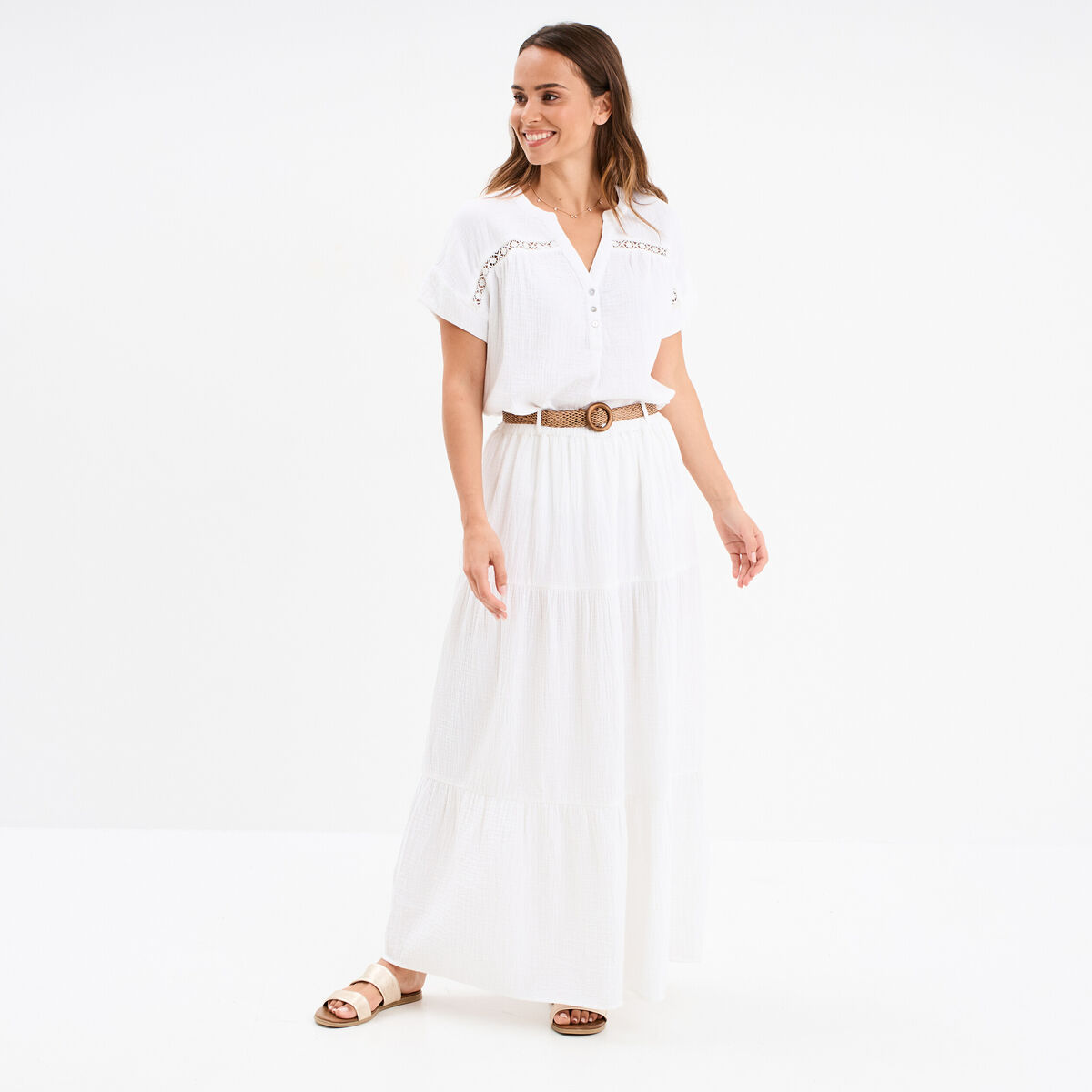 Blouse Col tunisien gaze de coton blanc femme