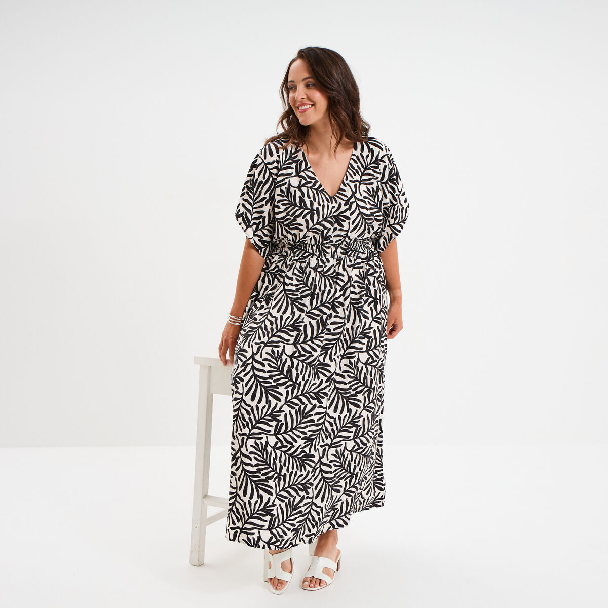 Robe longue fluide manches 3/4 blanc femme grande taille