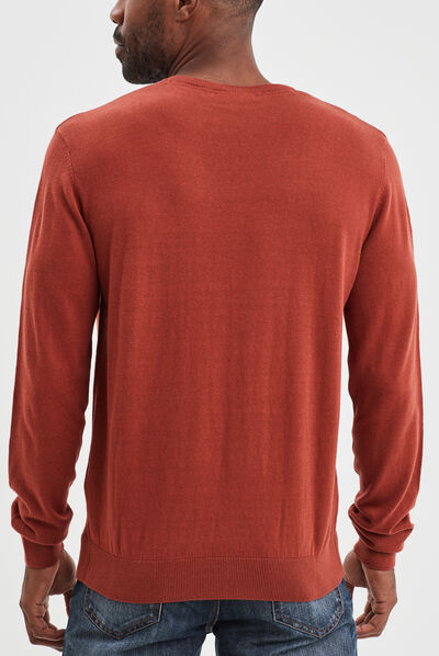 Pull droit col rond marron cognac homme
