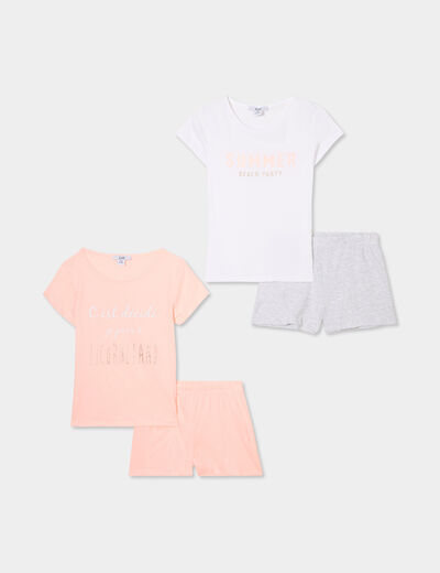 Lot 2 ensembles pyjamas shorts coton orange fluo fille
