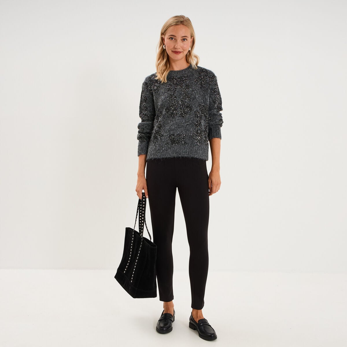 Pull col rond &agrave; sequins gris fonc&eacute; femme