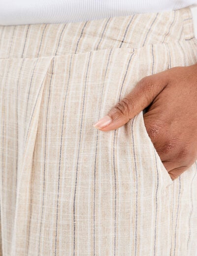 Pantalon large élastiqué en lin mélangé beige femme