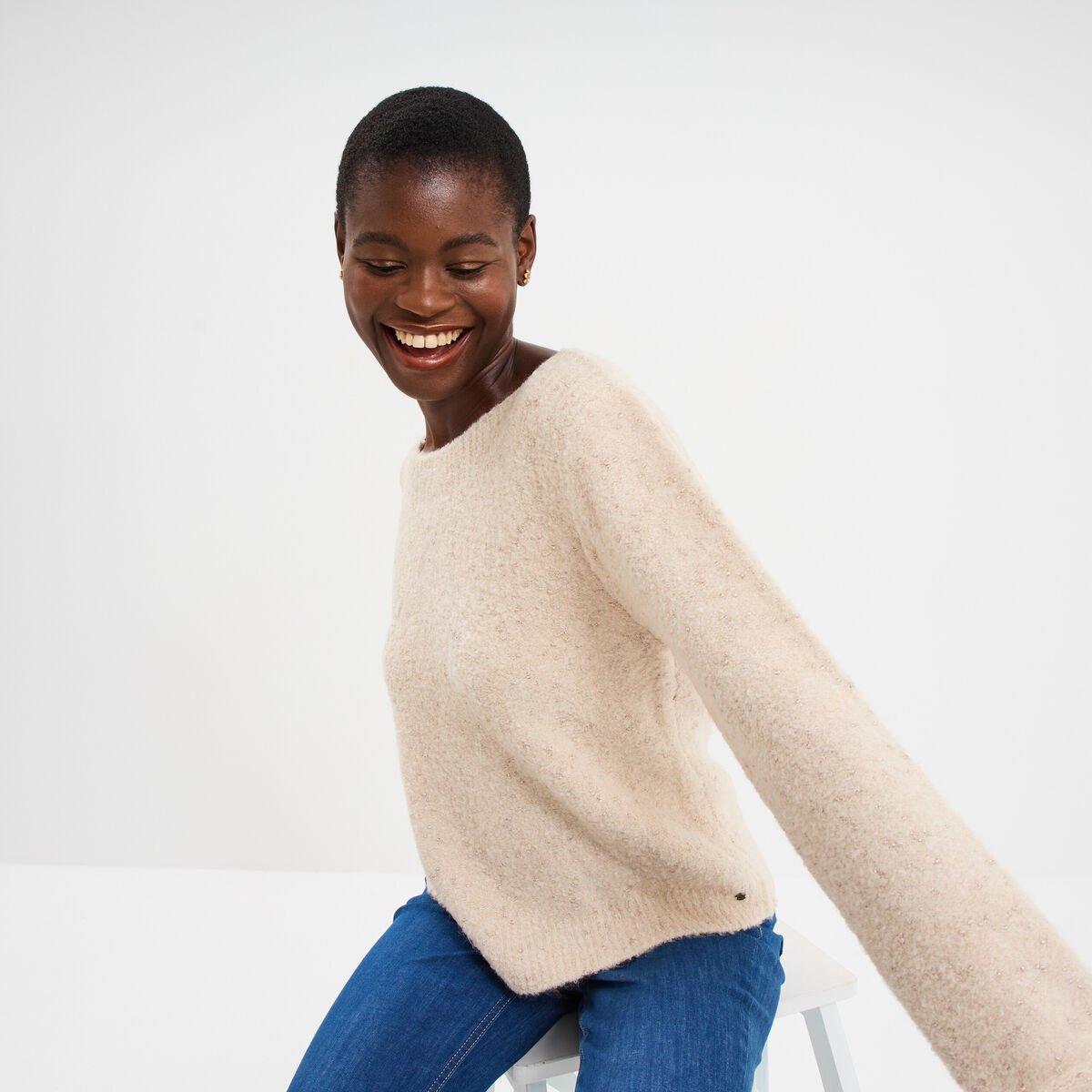 Pull col rond manches longues beige femme