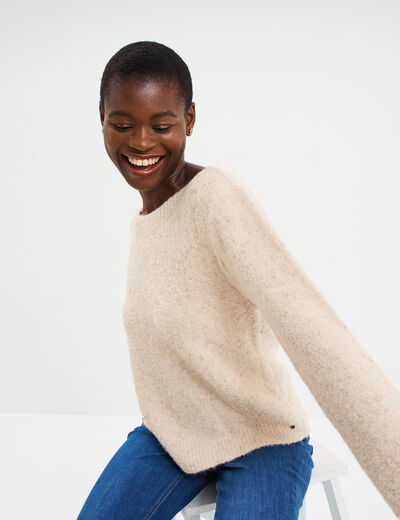 Pull col rond manches longues beige femme