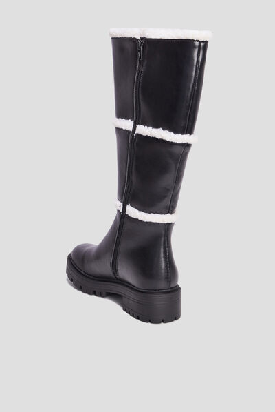 Bottes bandes imitation laine mouton noir femme