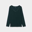 T-shirt manches longues col en V coton vert foncé femme