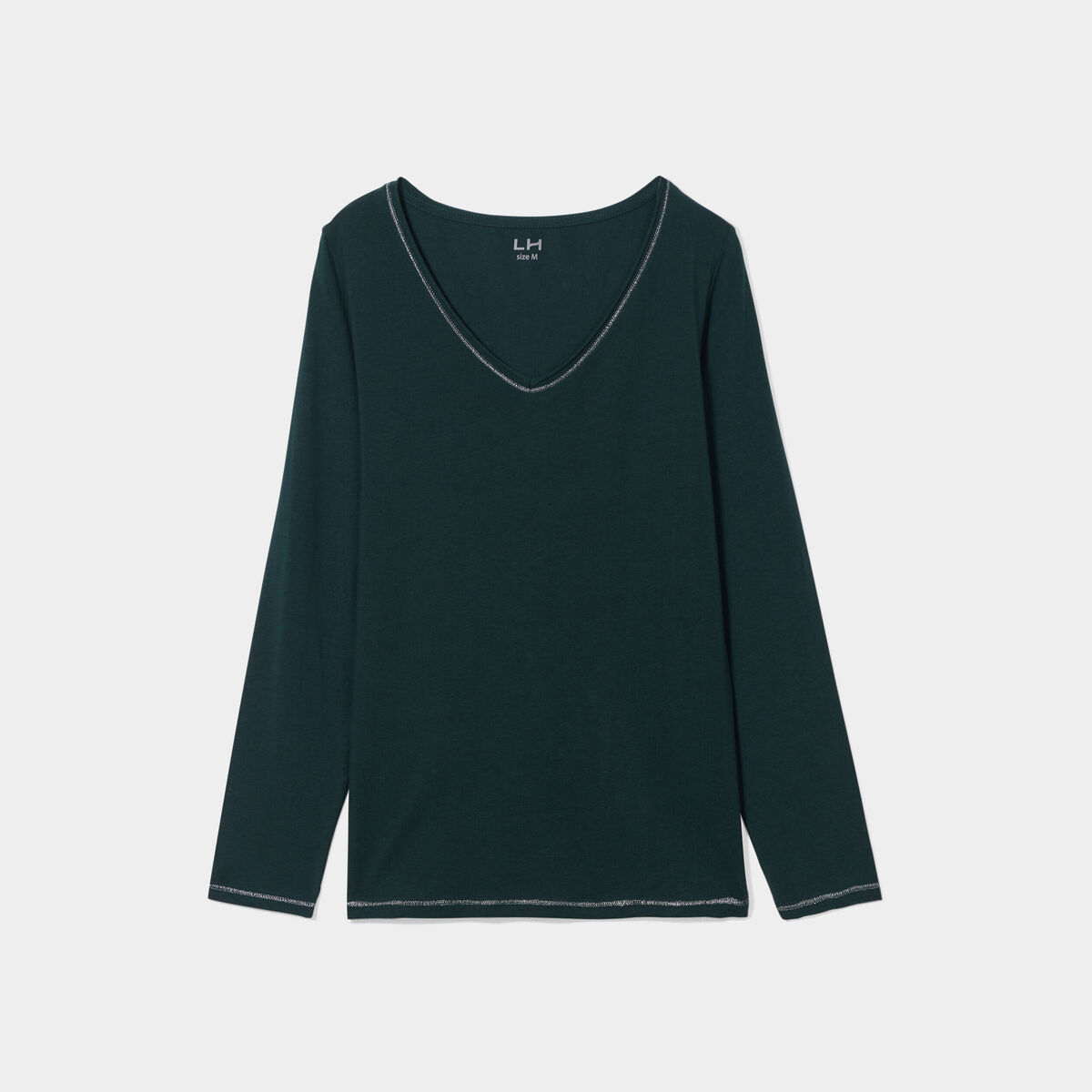 T-shirt manches longues col en V coton vert foncé femme