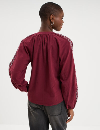 Blouse brod&eacute;e oversize coton bordeaux femme