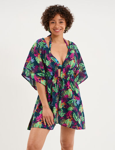Robe de plage en coton col V bleu p&eacute;trole femme