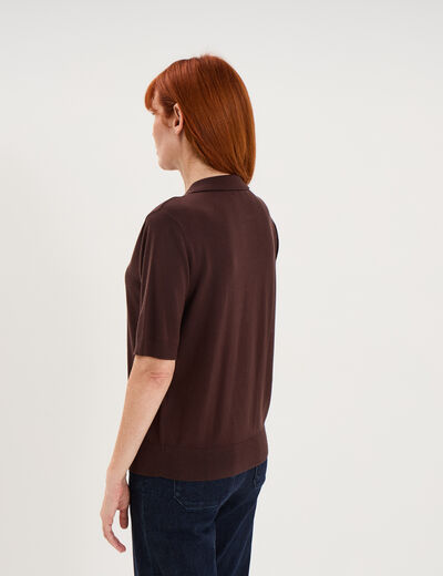 Pull col polo manches courtes marron fonc&eacute; femme