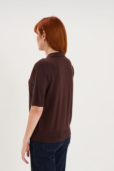 Pull col polo manches courtes marron fonc&eacute; femme