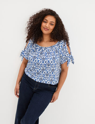 T-shirt gaufr&eacute; avec manches &agrave; noeuds ecru femme grande taille