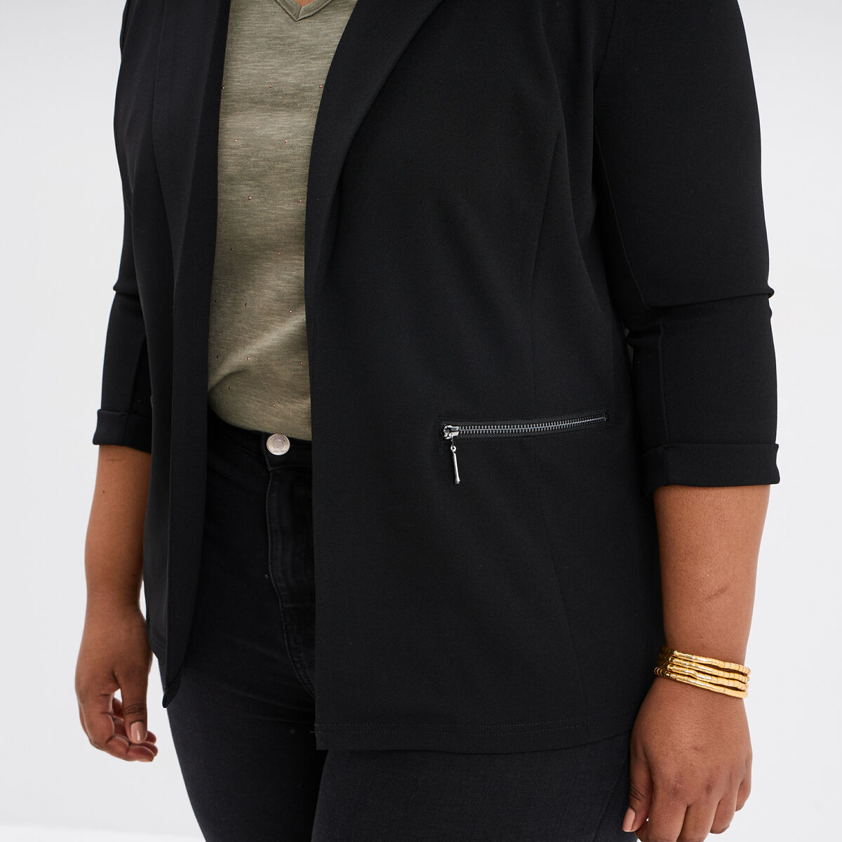 Veste blazer maille cr??pe manches 3/4 noir femme grande taille | La Halle