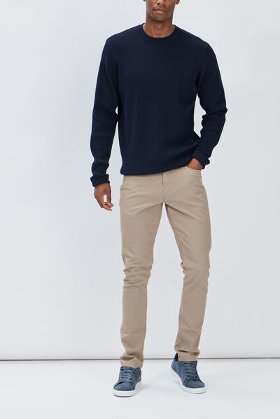 Pull avec col rond à relief bleu marine homme