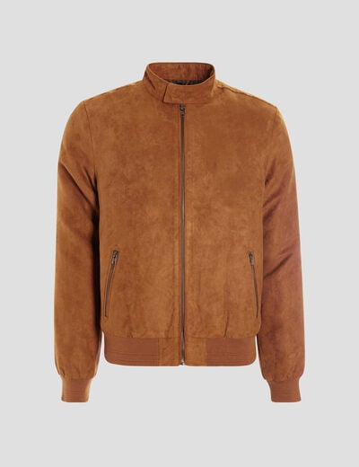 Blouson droit zippé aspect suédine camel homme