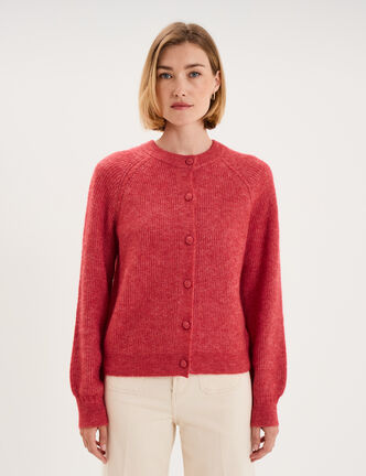 Gilet cardigan col rond boutonn&eacute; rose cerise femme