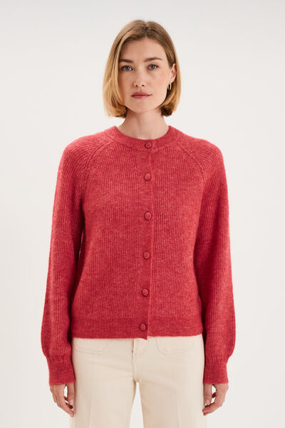 Gilet cardigan col rond boutonn&eacute; rose cerise femme