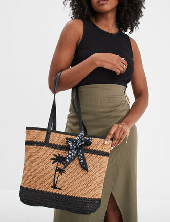 Sac shopping tressé détail noeud marron clair femme