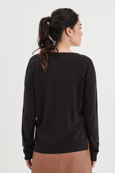 Pull col en V manches longues noir femme