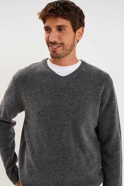 Pull droit col en V manches longues gris homme