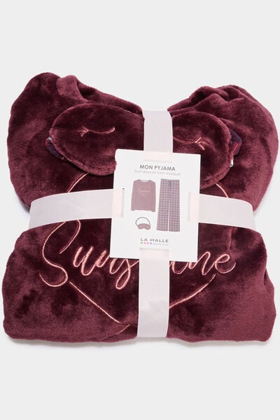 Ensemble pyjama effet polaire 3 pi&egrave;ces bordeaux femme