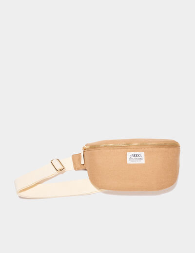 Sac banane bandouli&egrave;re en toile canvas marron cognac femme