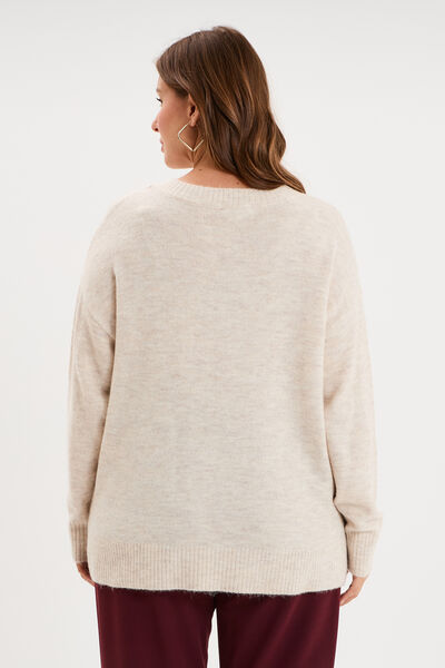 Pull droit col en V manches longues ecru femme grande taille