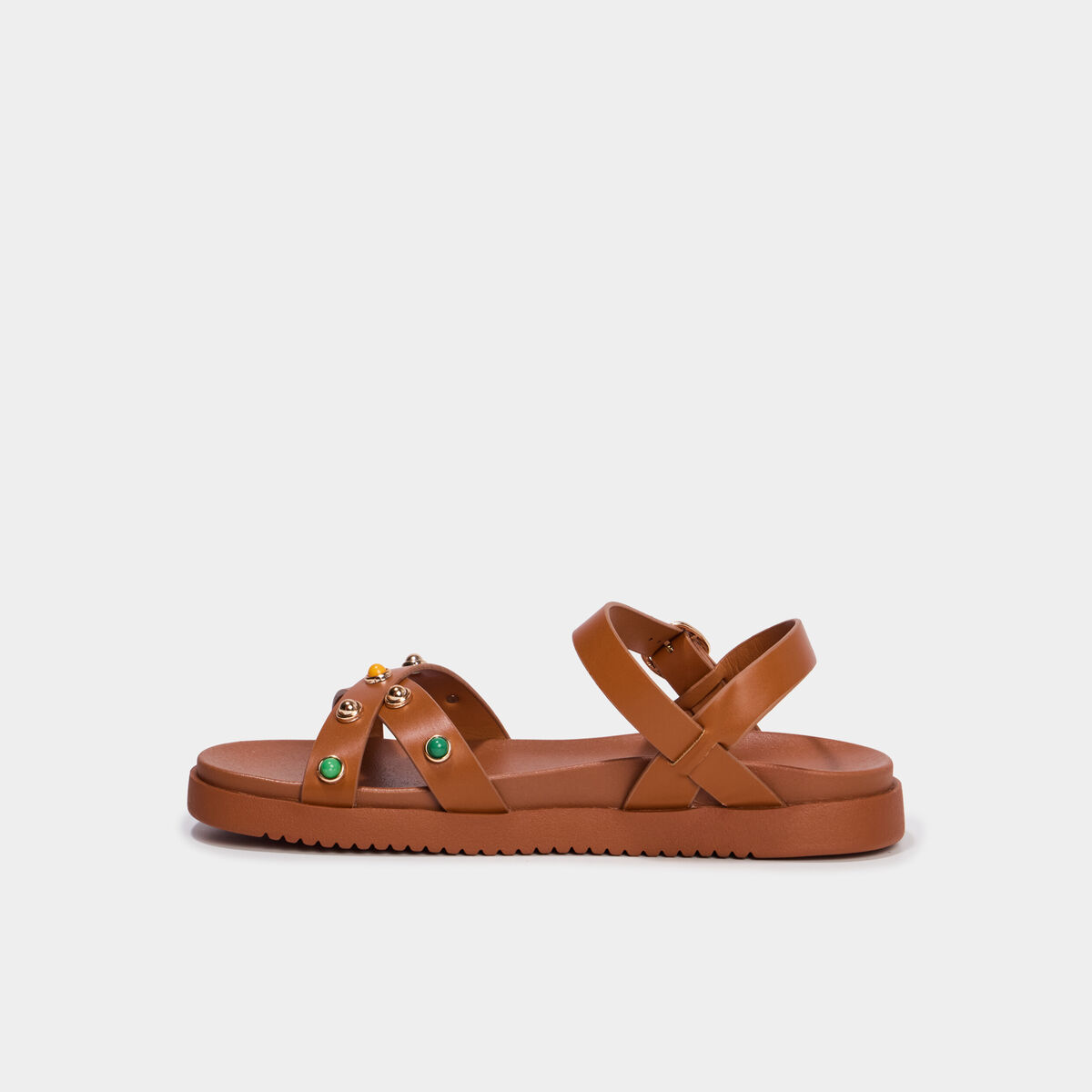 Sandales avec d&eacute;tails clout&eacute;s et perles marron femme