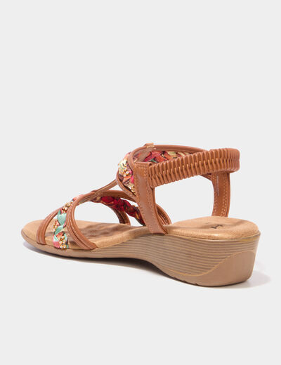 Sandales compens&eacute;es 5 cm d&eacute;tails bijoux marron femme