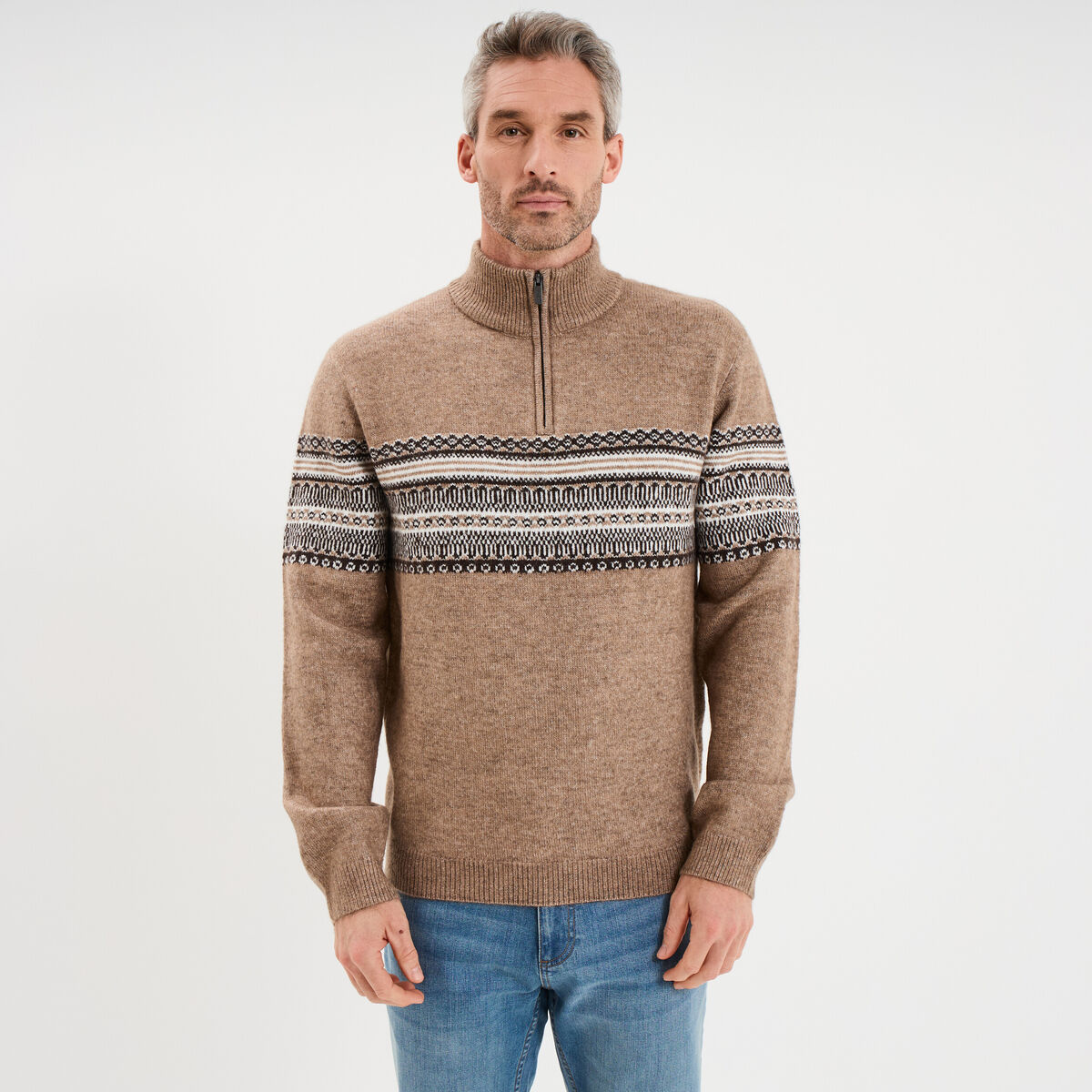 Pull camionneur jacquard manches longues taupe homme