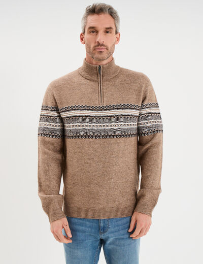 Pull camionneur jacquard manches longues taupe homme