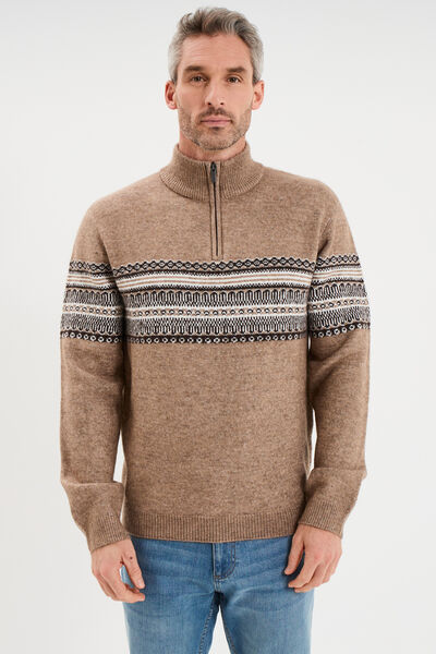 Pull camionneur jacquard manches longues taupe homme