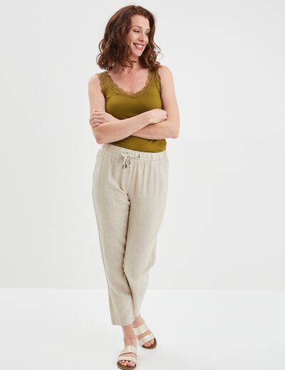 Débardeur ajusté détail dentelle vert olive femme