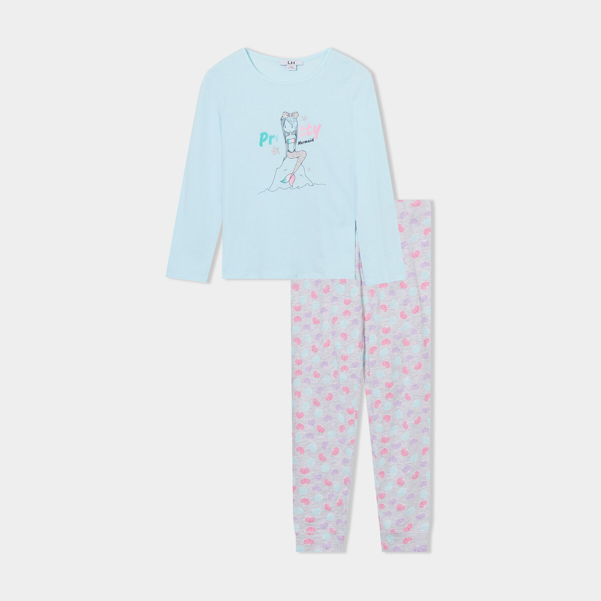 Ensemble pyjama pantalon t-shirt coton bleu turquoise fille