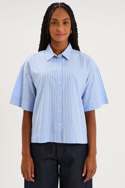 Chemise boxy manches coude boutonn&eacute;e bleu ciel femme