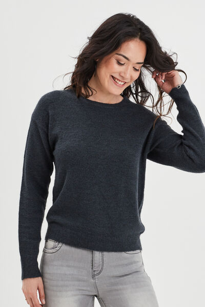 Pull col rond manches longues bleu foncé femme