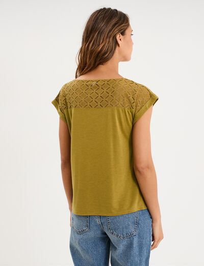 T-shirt col en V ajour&eacute; &eacute;paules et dos vert olive femme