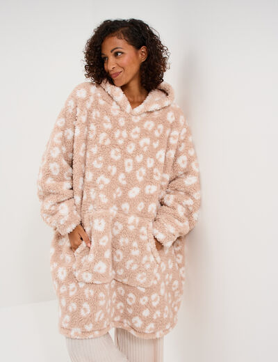 Poncho plaid effet polaire &agrave; capuche rose poudr&eacute;e femme