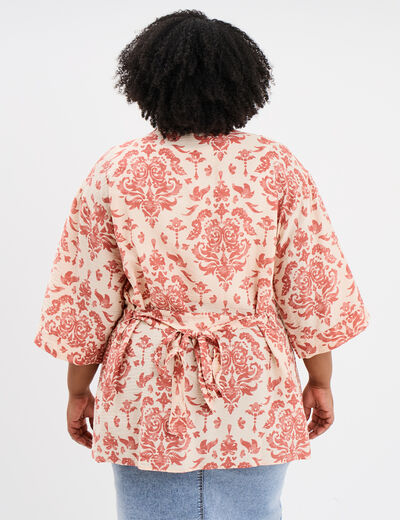 Veste esprit kimono fluide ceinturée ecru femme grande taille